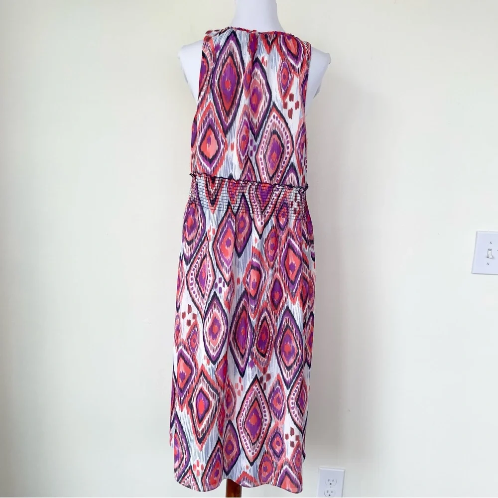 Trina Turk Mao Printed Purple Pink Smocked Midi Dress Mock Neck Sleeveless 4
